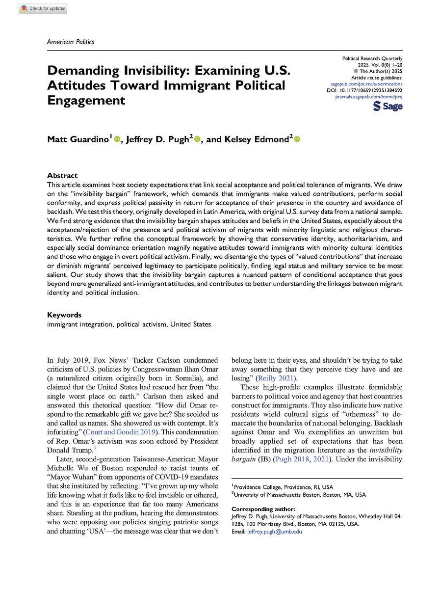 Jeff Pugh (@jpugh00) on Twitter photo Pleased to see my article with Matt Guardino and Kelsey Edmond <a href="/gigglebeb/">Kelsey Edmond</a> published in <a href="/PRQjournal/">Political Research Quarterly</a>! It tests my invisibility bargain theory of host society expectations toward migrant political and social behavior in the U.S. <a href="/IVPARC1/">IVPARC</a>  journals.sagepub.com/doi/10.1177/10…  Check it out! Pleased to see my article with Matt Guardino and Kelsey Edmond <a href="/gigglebeb/">Kelsey Edmond</a> published in <a href="/PRQjournal/">Political Research Quarterly</a>! It tests my invisibility bargain theory of host society expectations toward migrant political and social behavior in the U.S. <a href="/IVPARC1/">IVPARC</a>  journals.sagepub.com/doi/10.1177/10…  Check it out!