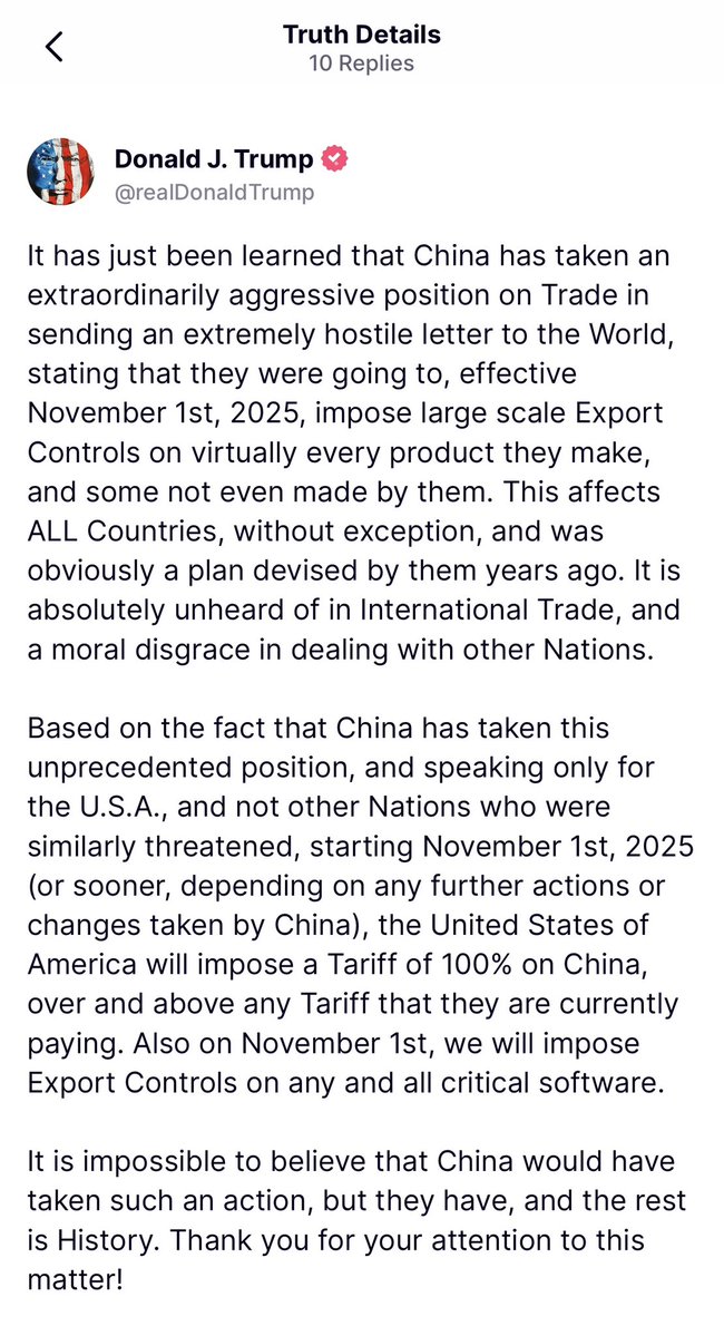 JenniferJJacobs's tweet image. TRUMP on China: &quot;Starting November 1st, 2025 (or sooner, depending on any further actions or changes taken by China), the United States of America will impose a Tariff of 100% on China, over and above any Tariff that they are currently paying. Also on November 1st, we will impose…
