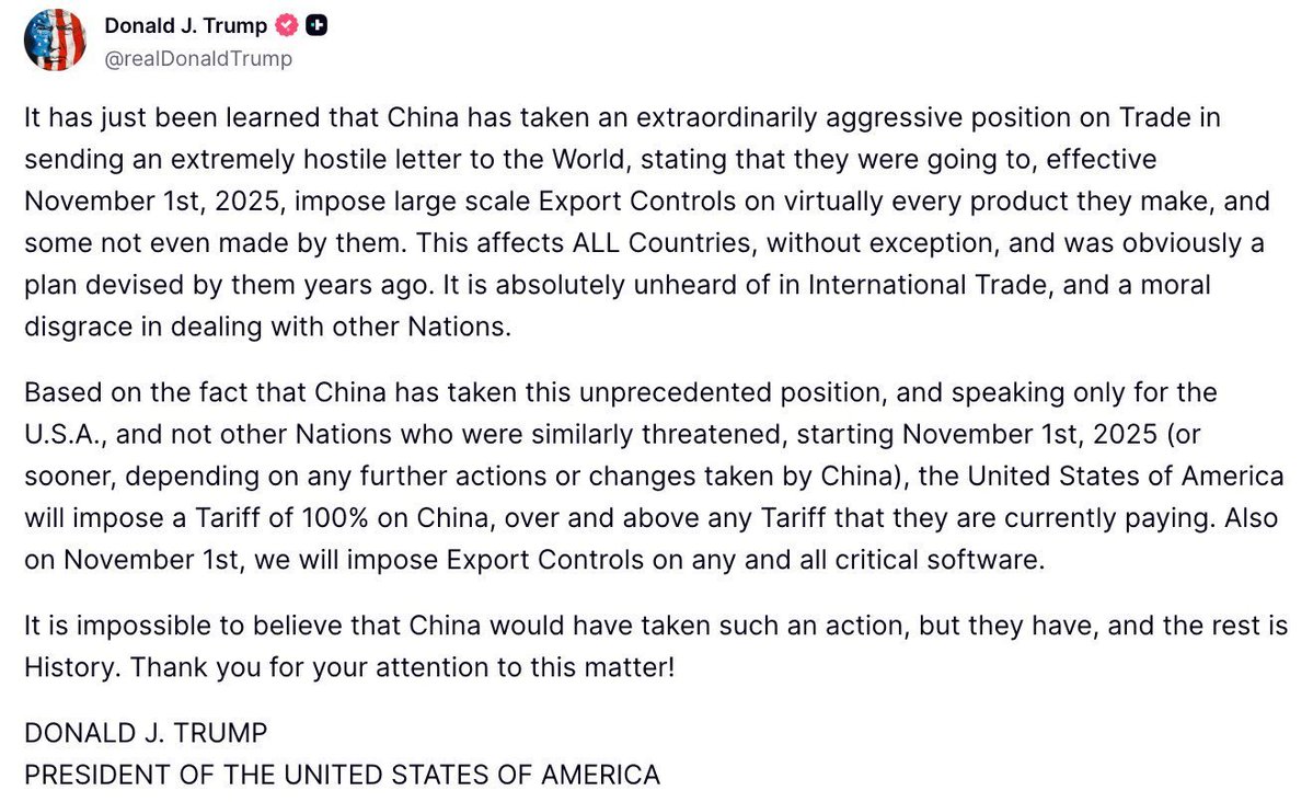 wallstengine's tweet image. TRUMP TO IMPOSE 100% ADDITIONAL TARIFF ON CHINESE GOODS, STARTING NOV. 1
