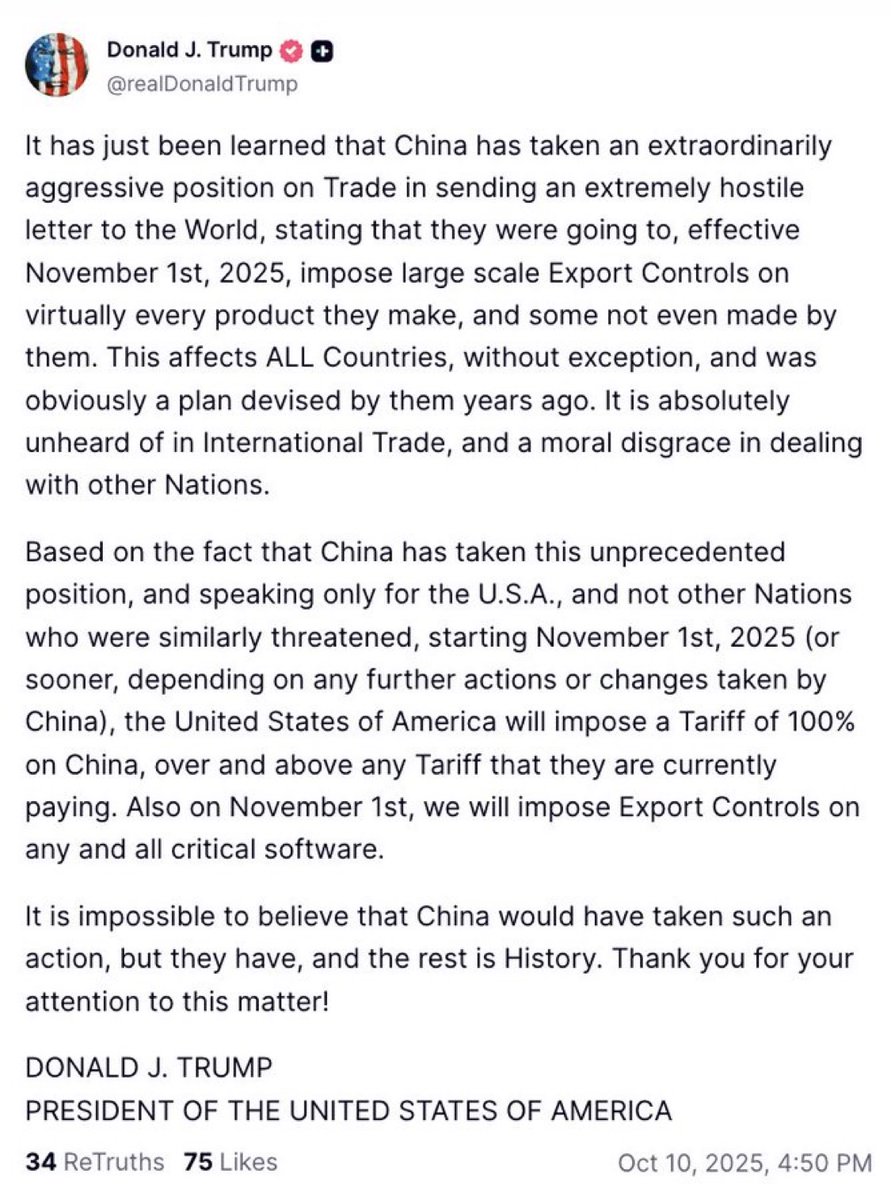 _Investinq's tweet image. JUST IN: President Trump just said starting November 1st the United States will impose a100% tariff on China.