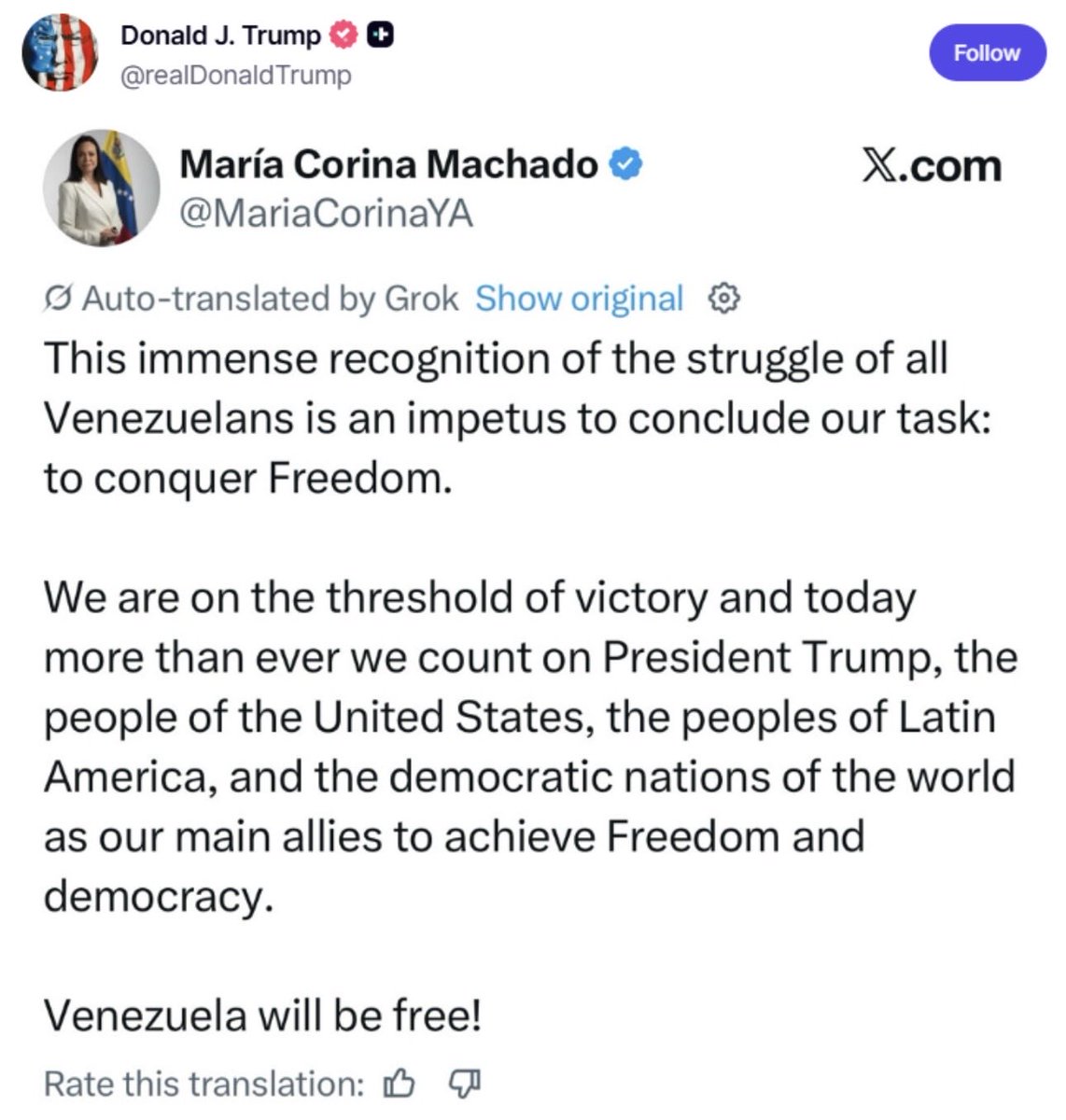 aariasvilla's tweet photo. @AFPespanol Curioso, porque los hechos dicen otra cosa: Hoy el propio Donald Trump felicitó y reposteó a María Corina Machado en Truth Social, reconociendo su liderazgo y su lucha por la libertad.

A veces, los hechos hablan más alto que los comunicados oficiales. #NobelDeLaPaz https://t.co/SB95W9C4jm