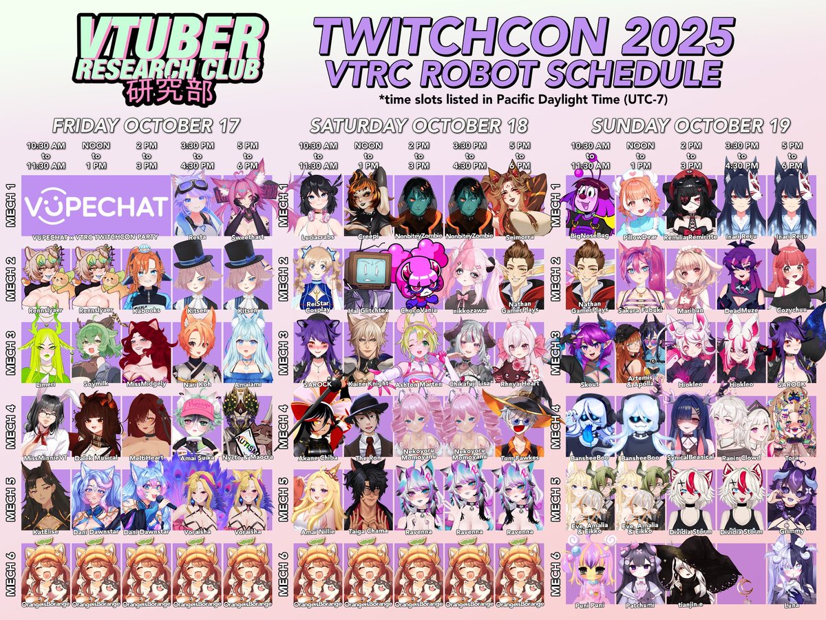 💜 Our Vtuber Research Club friends are going to be at Twitch Con Exhibitor Booth 2518, October 17-19 💜

You’ll find your favorite vtubers roaming around on robots and backpack rigs, or hanging out on the tvs at the VTRC booth 🤖🎒📺

Follow <a href="/KoizumiKaitoVT/">Koizumi Kaito</a> <a href="/JohnLovesAnime/">JohnLovesAnime</a>