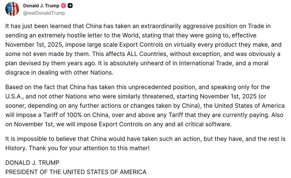JavierBlas's tweet image. U.S.-China trade war 2.0 (or is it 3.0?) 

President Trump announces 100% tariff on Chinese products over and above current rates. Plus software export controls. But note none are effective for another three weeks. Negotiations?