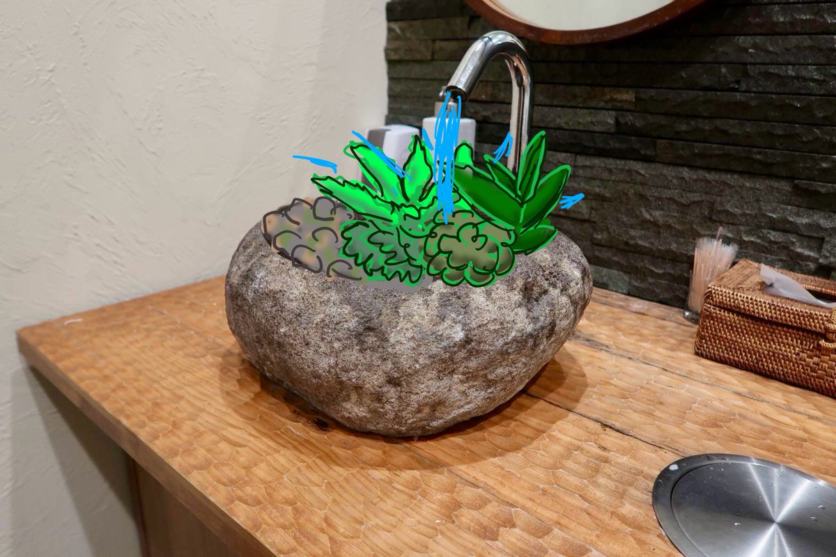 ato_orio's tweet photo. お店のトイレの洗面所が石の鉢ですごいよかった。
何がいいって、そのまま植物植えたら一生水やりに困らん最強の植木鉢になるやん。
軽石の植木鉢みたいだけどガチ石なので面構えが違う。
ええわぁ～ https://t.co/09o9cIt2ZE