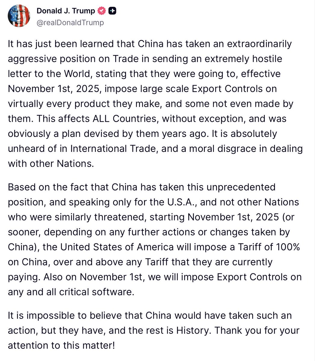LuxAlgo's tweet image. 🚨 BREAKING: Trump reveals details of China tariffs.

100% starting November 1st and export controls on all critical software.