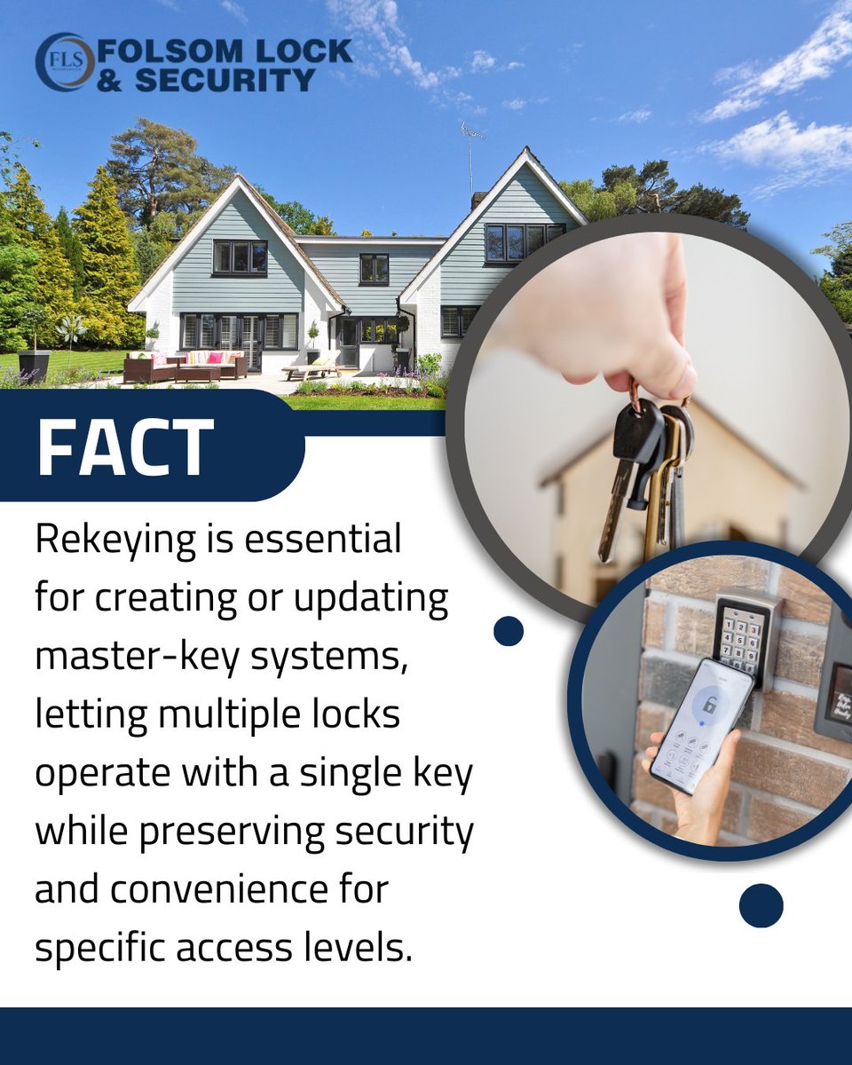 FolsomLocks's tweet image. Master Key Systems Made Easy
Rekeying is essential for creating or updating master-key systems, letting multiple locks operate with a single key while preserving security and convenience for specific access levels.
#Locksmith #SecuritySolutions #HomeSafety