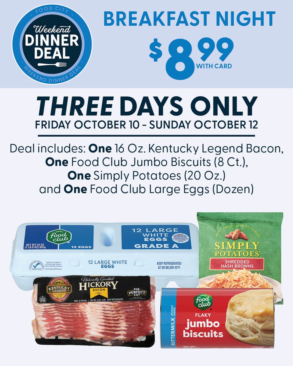 FoodCity's tweet photo. Breakfast Night Weekend Dinner Deal ๐ณ ๐ฅ
Enjoy exclusive meal deal savings this Friday, Saturday, and Sunday on select dinner items. Perfect for your weekend dinner plansโshop now and save big at Food City!
#breakfastnight #weekendmealdeals #foodcitysavings #dinnerspecials #shopfoodcity #familydinner #grocerydeals