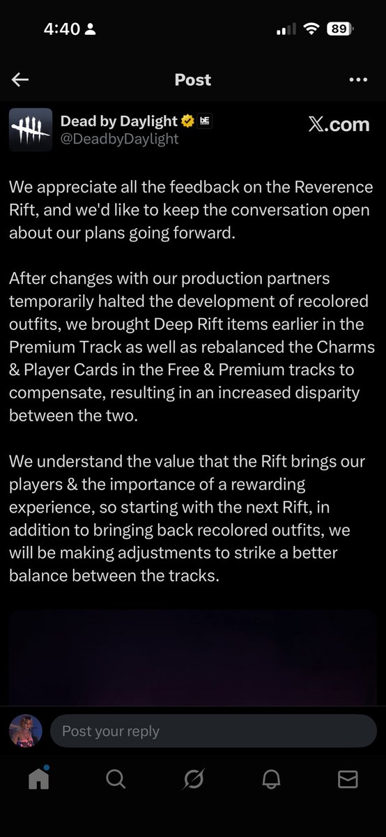 I love dbd but they are killing it. Endless apologies. So many cosmetics are broken. So many killers are broken. We learn more from dataminers than official accounts. New chapters are releasing with bugs and then push out hotfixes like it makes it ok they released it half baked😕