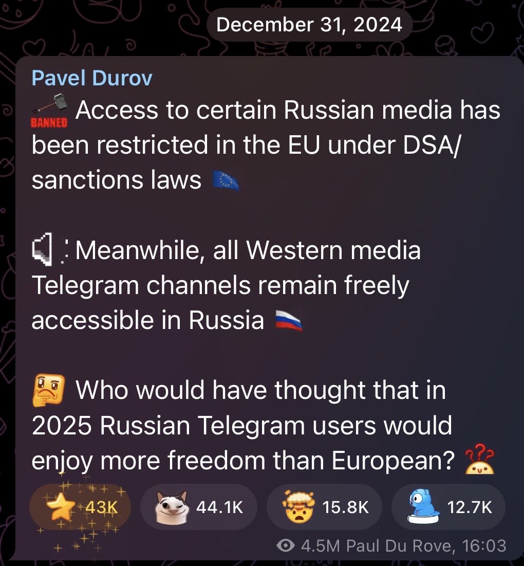 Вот и мне на чешский номер в ТГ пришло самопоздравление Дурова со своим днём рождения и мрачный пост о конце свободного интернета.

Скажите, а одного меня удивляет всё больше и больше, что Павел Валерьевич при разговорах о фриспиче старательно обходит стороной одну страну, в
