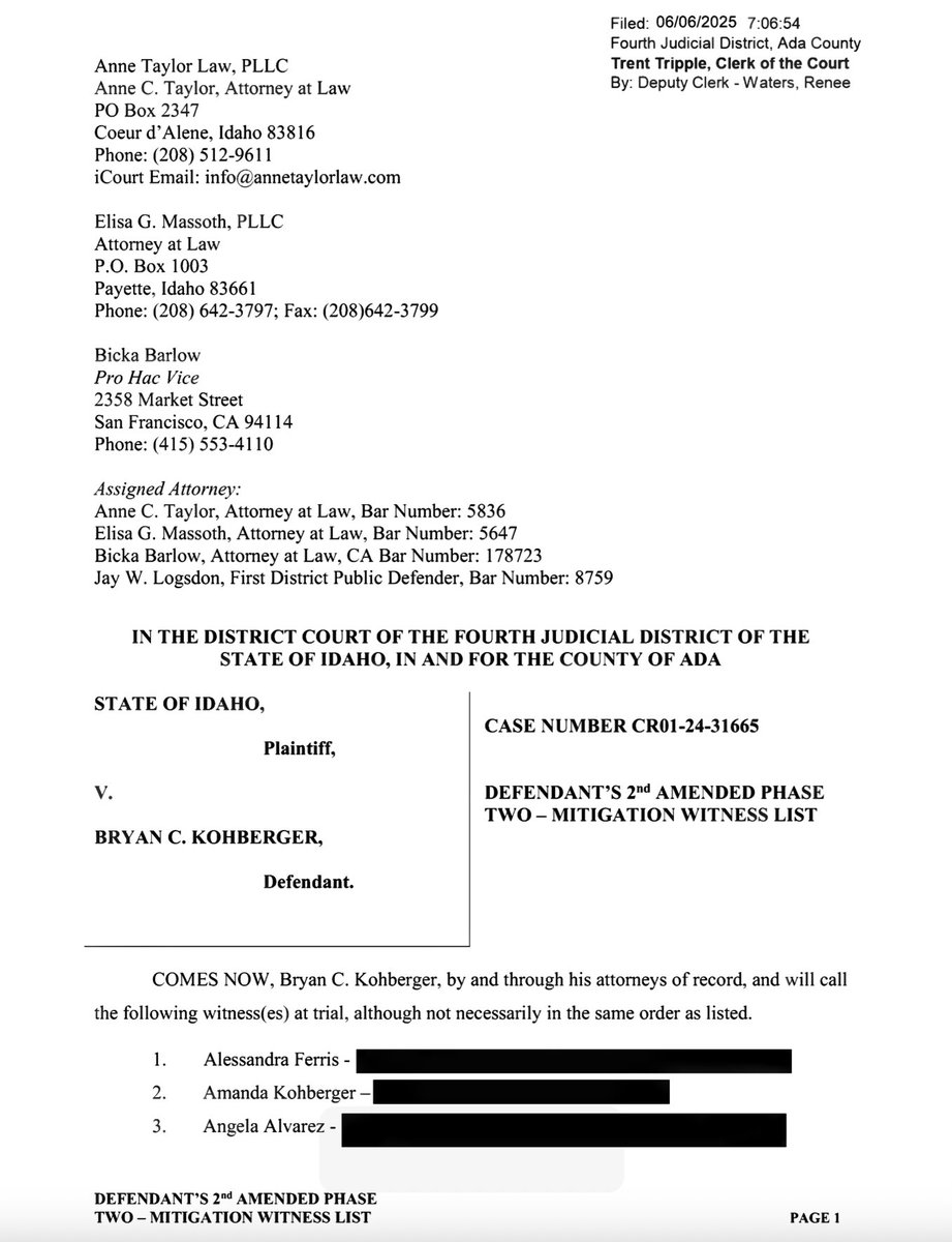 rise4thespiral's tweet photo. The Defense's #witness list has been #unsealed.
#bryankohberger #idaho4 #kohberger #annetaylor #adacounty #idaho #defense https://t.co/XhoVOYO2mc