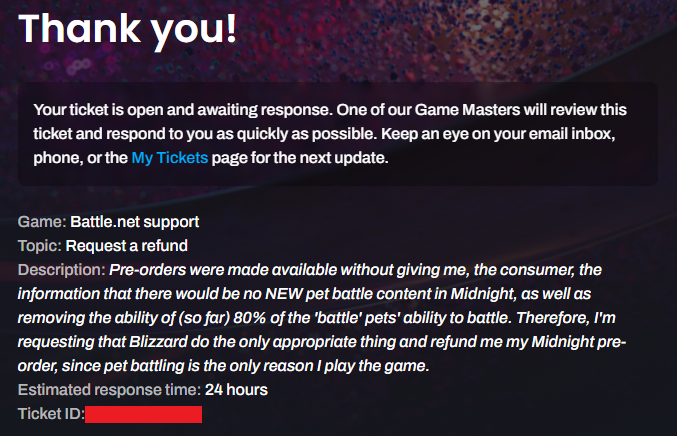 I don't expect <a href="/Blizzard_Ent/">Blizzard Entertainment</a> / <a href="/BlizzardCS/">Blizzard CS - The Americas</a> / <a href="/WatcherDev/">Ion Hazzikostas</a> to do the proper thing here and refund my Midnight pre-order, and I don't want to go the chargeback route if they eventually decide to walk back the changes. However, I have serious doubts about the honesty of the company.