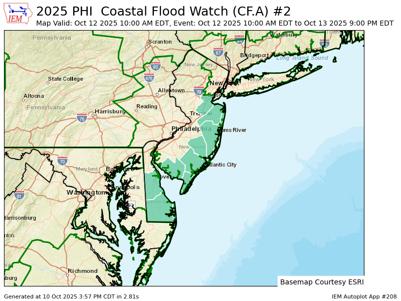PHI continues Coastal Flood Watch valid at Oct 12, 10:00 AM EDT for Atlantic, Atlantic Coastal Cape May, Cape May, Coastal Atlantic, Cumberland [NJ] till Oct 13, 8:00 PM EDT mesonet.agron.iastate.edu/vtec/f/2025-O-…