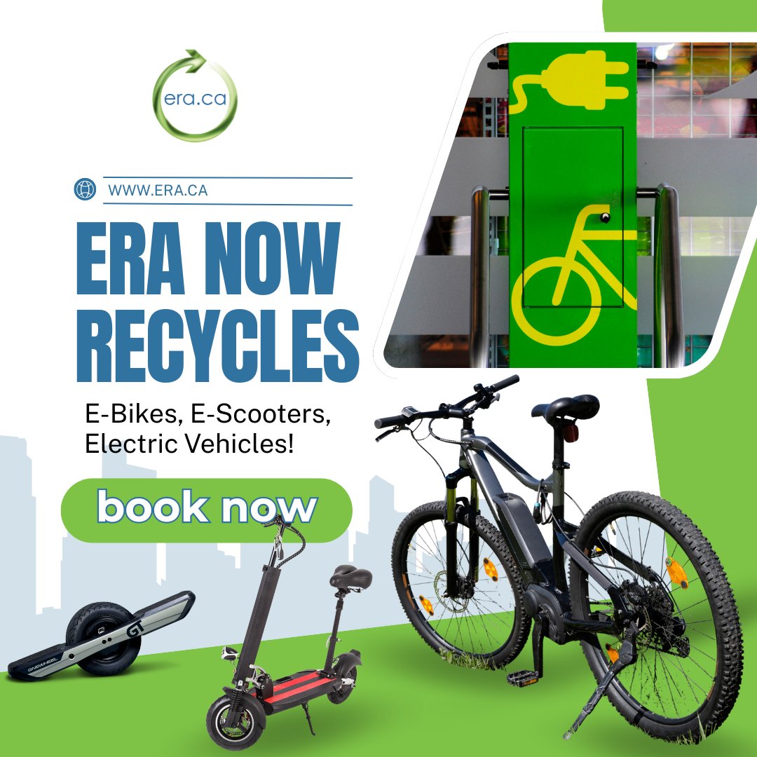 ERA Now Recycles E-Bikes, E-Scooters &amp; Electric Vehicles! ♻️

We’re expanding our mission to make Canada greener !
You can now recycle your E-Bikes, E-Scooters, and EVs with the ERA - helping keep hazardous materials out of landfills and valuable parts in use.

Learn more: