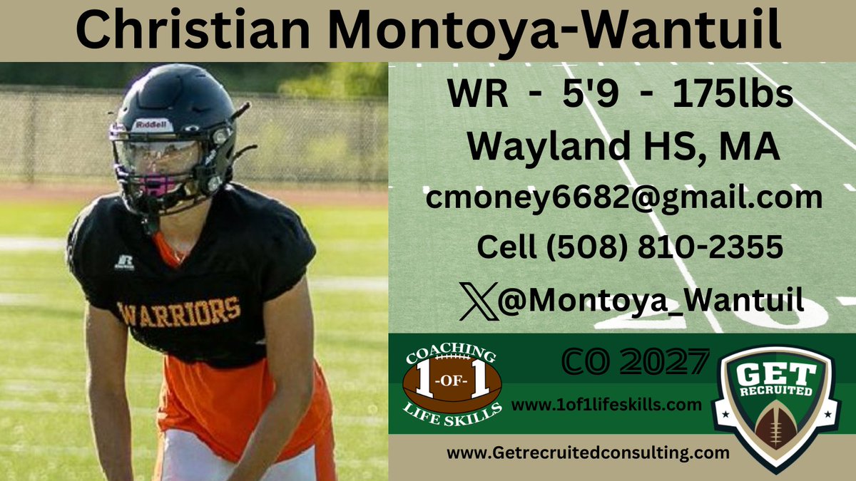 Get__Recruited's tweet image. Christian Montoya-Wantuil - CO2027 - WR - 5&apos;9, 175lbs - Athletic, quick, playmaker. Wayland HS, MA.  Player profile:  app.productiverecruit.com/profile/christ…… 
@Montoya_Wantuil @1of1lifeskills @KUBearsFootball @LHU_Football @MercyhurstFB @VILLEfb @SHU_FBALL @ShipFootball @SRURockFB @barton_fb