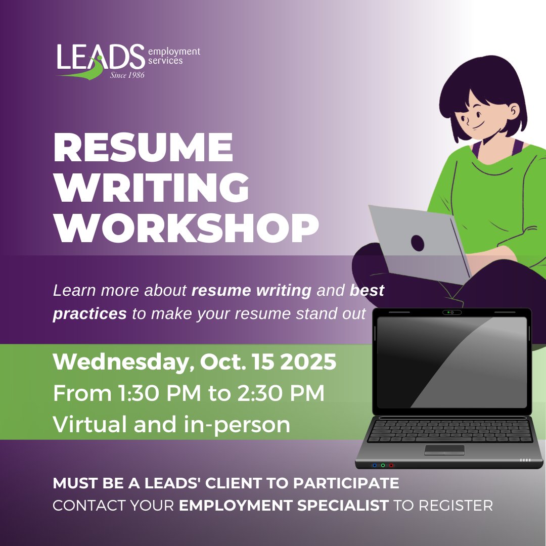 Leads is hosting a Resume Writing Workshop! ✍️ 

🗓️ Date: Wednesday, October 15, 2025
⏰ Time: 1:00PM - 2:30PM

LEADS clients, contact your Employment Specialist to register today!

Not a LEADS client? Call us at 519-439-0352 to find out how we can help!