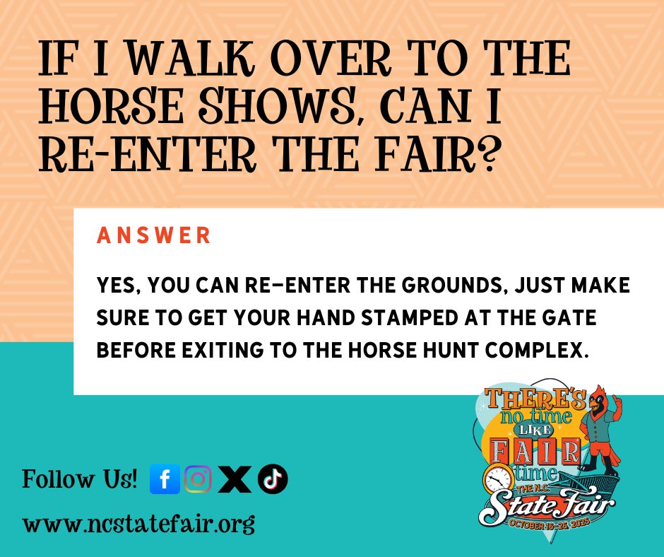 NCStateFair's tweet image. If you walk over to the Horse Hunt Complex during the N.C. State Fair, be sure to get your hand stamped when you leave the gate. That stamp will ensure re-entry to the fairgrounds on that day! #FAQ #NoTimeLikeFairTime #NCStateFair