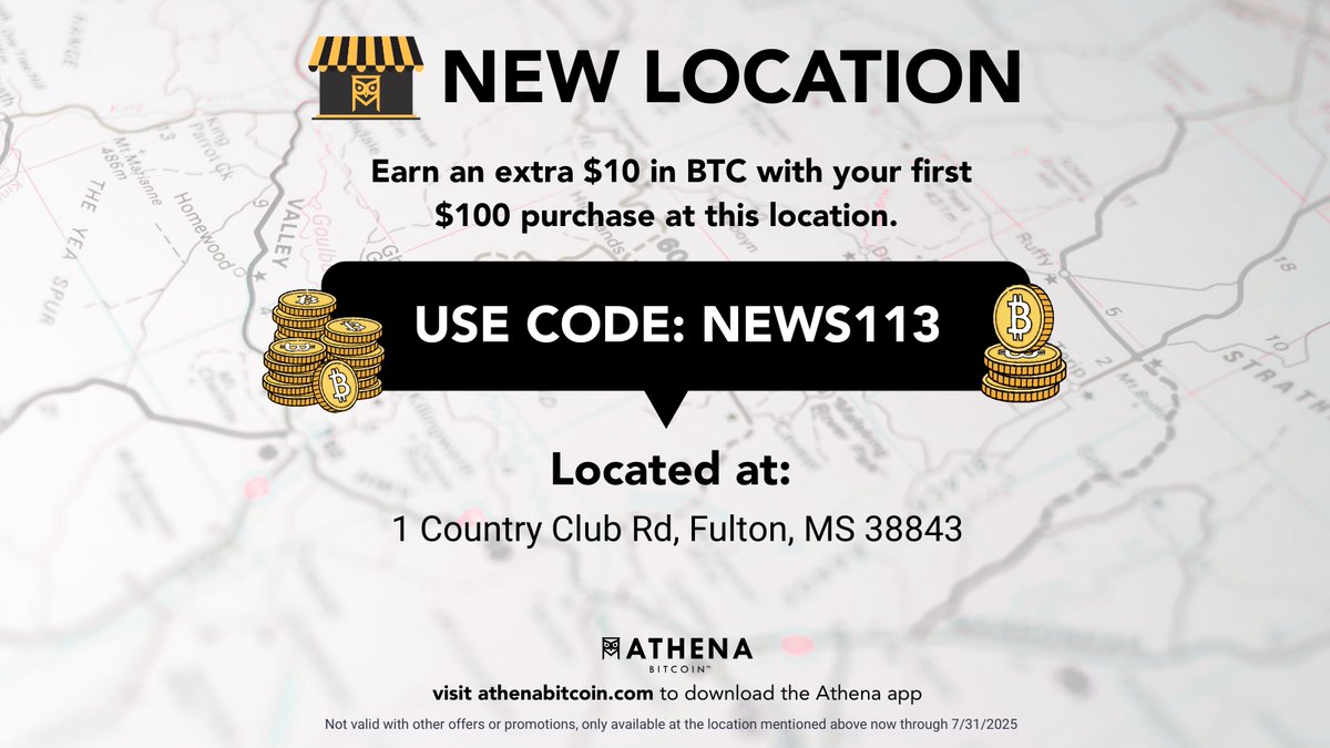 We’re showing love to our followers with an exclusive offer:
💸 Get $20 in FREE Bitcoin when you buy $100 or more.

Here’s how:
1️⃣ Follow us
2️⃣ DM us the word FOLLOW
3️⃣ We’ll send you your unique code 💬
4️⃣ Redeem at an Athena Bitcoin ATM

Only available this #FollowFriday –