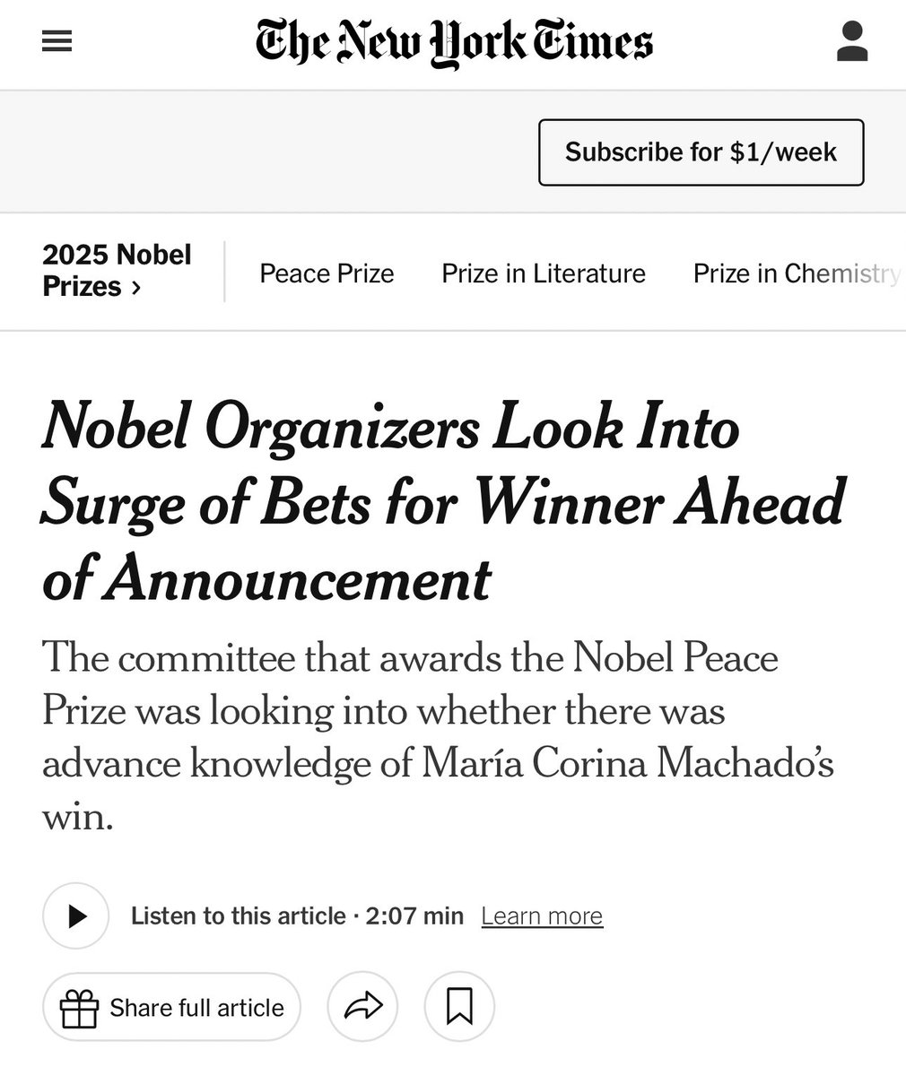 12 hours before she won, Machado’s money-grubbing minions were already using insider knowledge for personal profit

They couldn’t even wait til she got her Nobel participation prize to start cashing in — can you imagine what they’d do if they ran the world’s largest oil reserves?