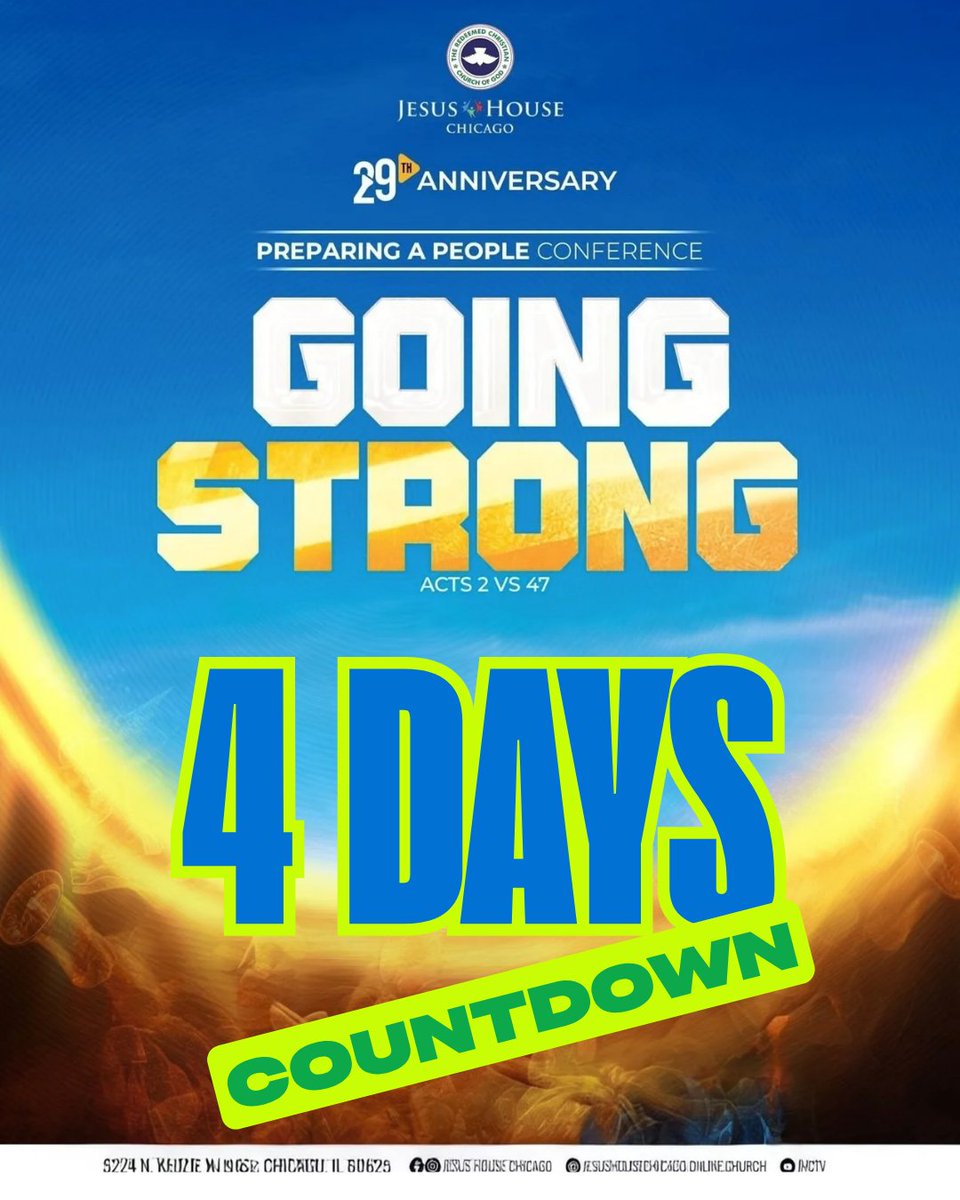 jesushousechi's tweet image. We’re counting down to #PAP2024! 🙌
Here’s what’s happening next week at Jesus House Chicago 💙💛
Mon – IG Live (7PM)
Tue – Thanksgiving Prayers (7PM)
Wed – Community Outreach (12PM)
Fri – Worship Night (7PM)
Sat – Men’s Health Fair (10AM)
Sun – Celebration Service (10AM)
#pap