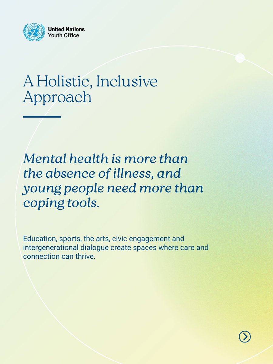 UNYouthAffairs's tweet image. This #WorldMentalHealthDay, we’re rethinking youth well-being. 
 🧠 1 in 7 young people lives with a mental health condition. 
 💬 Most mental health issues emerge before age 24. 
 💚 Young people need more than coping tools — they need care, connection and community. 
(1/2)