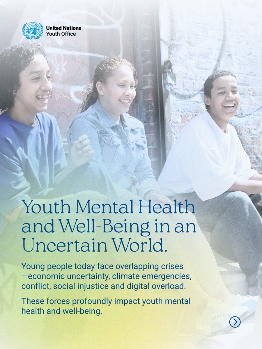 UNYouthAffairs's tweet image. This #WorldMentalHealthDay, we’re rethinking youth well-being. 
 🧠 1 in 7 young people lives with a mental health condition. 
 💬 Most mental health issues emerge before age 24. 
 💚 Young people need more than coping tools — they need care, connection and community. 
(1/2)