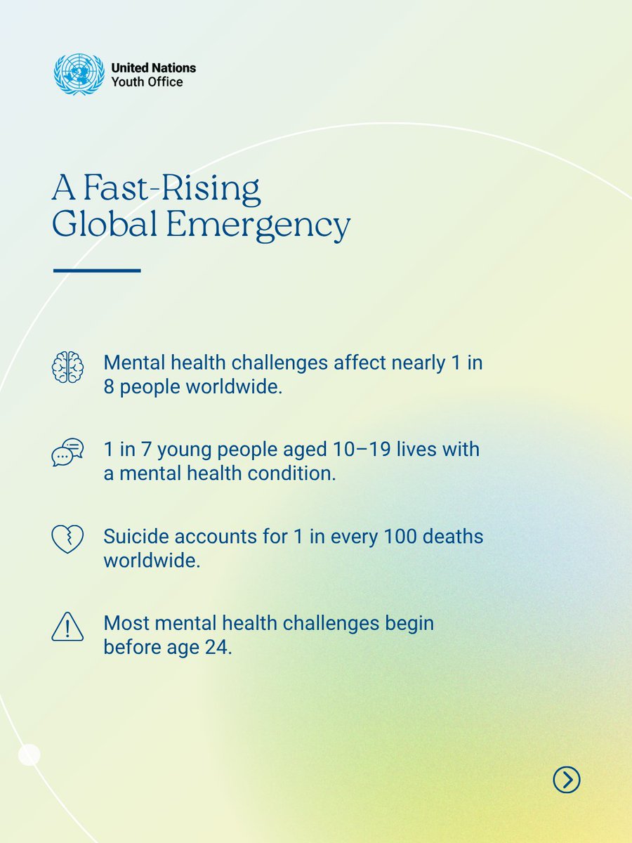 UNYouthAffairs's tweet image. This #WorldMentalHealthDay, we’re rethinking youth well-being. 
 🧠 1 in 7 young people lives with a mental health condition. 
 💬 Most mental health issues emerge before age 24. 
 💚 Young people need more than coping tools — they need care, connection and community. 
(1/2)