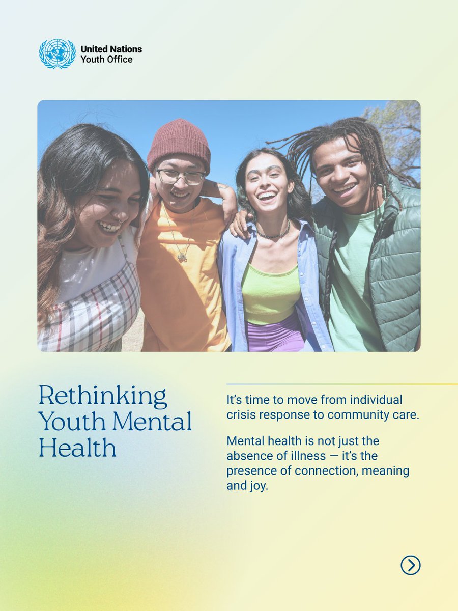 UNYouthAffairs's tweet image. This #WorldMentalHealthDay, we’re rethinking youth well-being. 
 🧠 1 in 7 young people lives with a mental health condition. 
 💬 Most mental health issues emerge before age 24. 
 💚 Young people need more than coping tools — they need care, connection and community. 
(1/2)