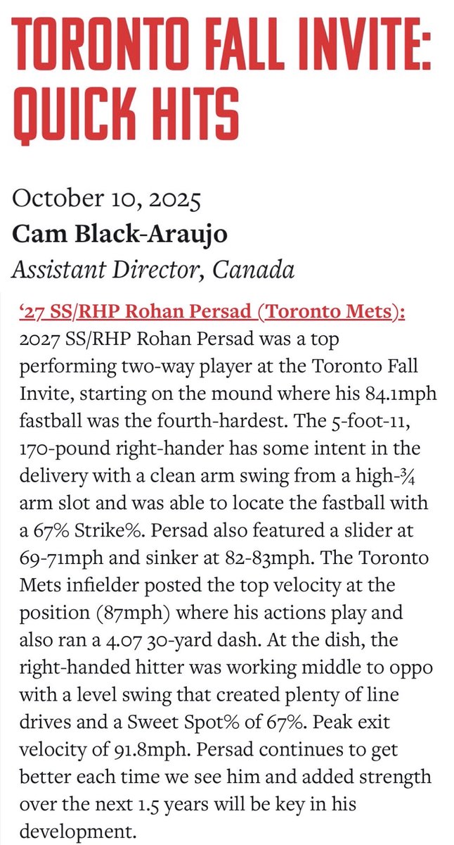 Thank you <a href="/CamAraujoBB/">Cam Black-Araujo</a> for the nice write up from the <a href="/PrepBaseballON/">Prep Baseball Ontario</a> #Toronto Fall Invite. Happy to see my top INF velo stat! <a href="/TorontoMets/">Toronto Mets</a> <a href="/CPBLeague/">CPBL</a> <a href="/josh_arceBB/">Josh Arcé</a> <a href="/Joezay28/">Joe Presutti</a> <a href="/DuncanWatt19/">Duncan Watt</a> <a href="/richleitch47/">Rich Leitch</a> <a href="/ding3722/">Honsing Leung</a> <a href="/RDM_26/">Ryan McBride</a> #BeSeen🇨🇦