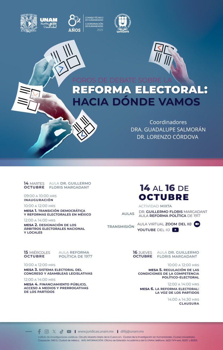 IIJUNAM-Electoral (@iijunamelector) on Twitter photo 📢te esperamos en los #Foros #ReformaElectoral: ¿hacia dónde vamos? convocados por el
<a href="/IIJUNAM/">Instituto de Investigaciones Jurídicas, UNAM</a> para una reflexión y dialógo entre especialistas sobre el futuro de nuestras instituciones democráticas 🏛️🗳️
¡únete y participa! 🗣️👥
🗓️ 14, 15 y 16 octubre
📲tinyurl.com/bdenamkn 📢te esperamos en los #Foros #ReformaElectoral: ¿hacia dónde vamos? convocados por el
<a href="/IIJUNAM/">Instituto de Investigaciones Jurídicas, UNAM</a> para una reflexión y dialógo entre especialistas sobre el futuro de nuestras instituciones democráticas 🏛️🗳️
¡únete y participa! 🗣️👥
🗓️ 14, 15 y 16 octubre
📲tinyurl.com/bdenamkn