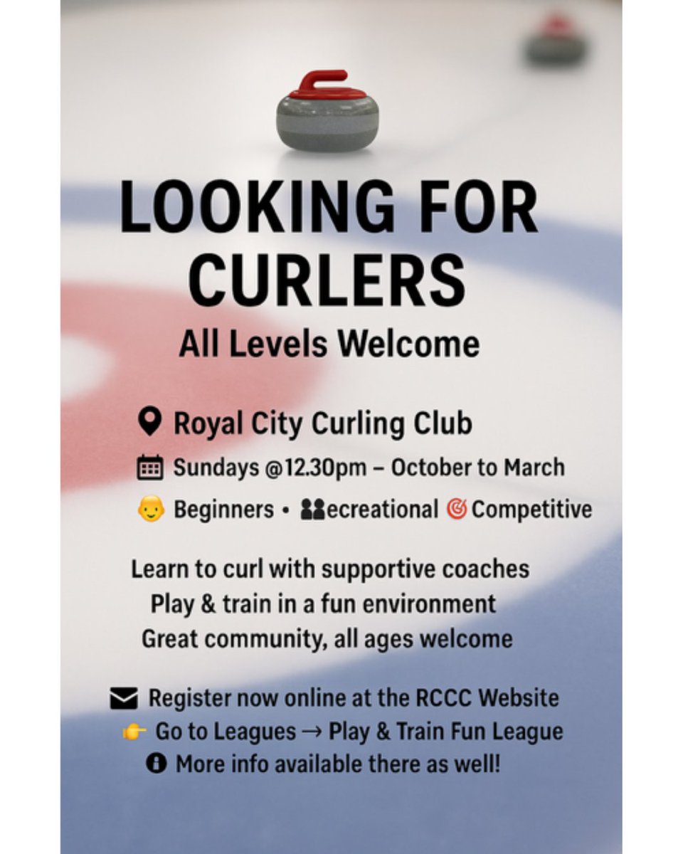 RoyalCityCC's tweet photo. The Sunday Play and Train Fun League has 3 spots left! 🥌 

Time: Sundays at 12:30-2:30pm | Start date: Sun Oct 19th

For more info and to sign-up, please visit https://t.co/I7ybv5byae https://t.co/TcOS2CssvP
