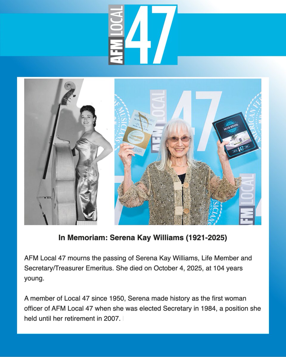 Members and loved ones are invited to submit Final Notes tributes about Serena Kay Williams for publication in the upcoming issue of our Overture E-Magazine at afm47.org/overture/submi…