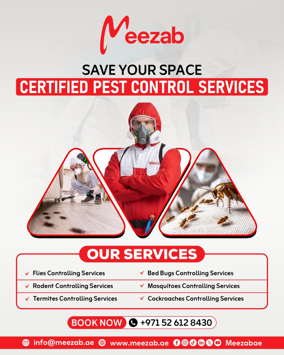 Meezabae's tweet image. Keep pests away through smart &amp;amp; safe way! 🚫
#Meezab Certified Pest Control Services.
🐜 Termites | 🪳 Cockroaches | 🦟 Mosquitoes | 🪰 Flies | 🐀 Rodents | 🛏️ Bed Bugs
Fast • Eco-safe • Guaranteed Results
📞 +971 52 612 8430 | 🌐 meezab.ae
#PestControl #Dubai