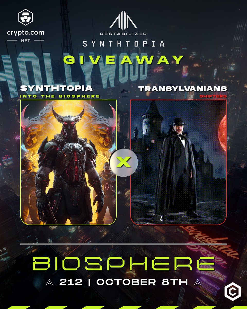 ⚡️ SYNTHTOPIA x TRANSYLVANIANS #GIVEAWAY 🦇

The wait is over 🔔
SYNTHTOPIA (INTO THE BIOSPHERE) → LIVE NOW!
TRANSYLVANIANS (THE SHIFTERS) → Art in motion. Change unleashed.

🎁 Prizes:
🏆 1x SYNTHTOPIA: INTO THE BIOSPHERE NFT
🏆 1x TRANSYLVANIANS: THE SHIFTERS NFT 
🏆 1x