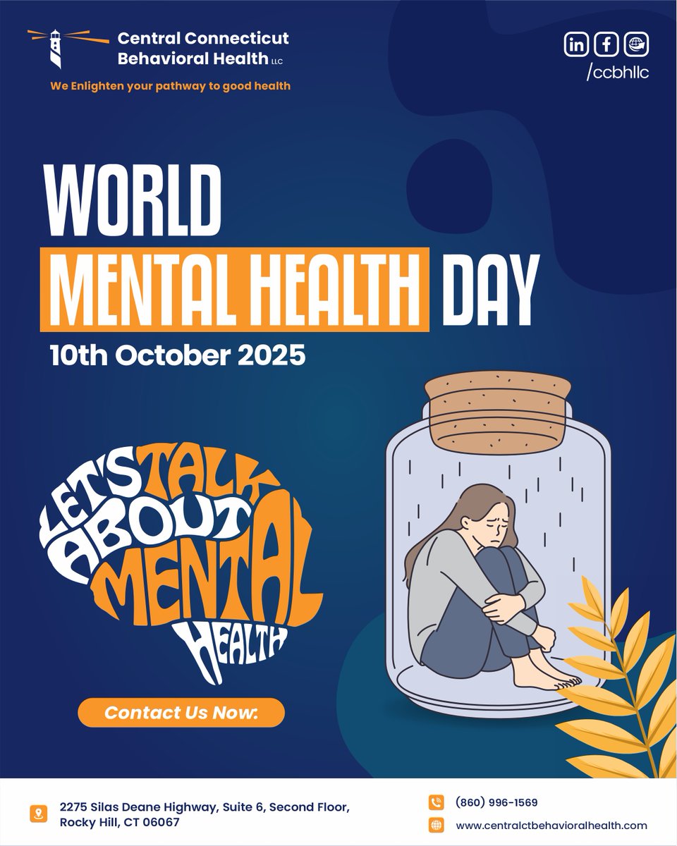 CCBHLLC's tweet image. It's World Mental Health Day on October 10, 2025! Let's talk about mental health and break the silence.

Contact us at (860) 996-1569 or visit | centralctbehavioralhealth.com

 #MentalHealthAwareness #CCBH #MentalHealthRockyHill #RockyHill