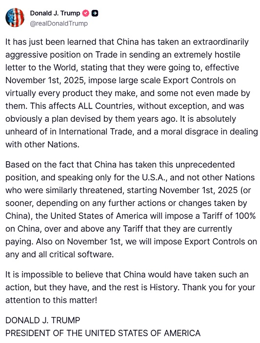 CryptosR_Us's tweet photo. 🚨UPDATE: Trump announced a 100% tariff on Chinese goods starting November 1st - plus new export controls on critical software. https://t.co/sBs9RVNuT8