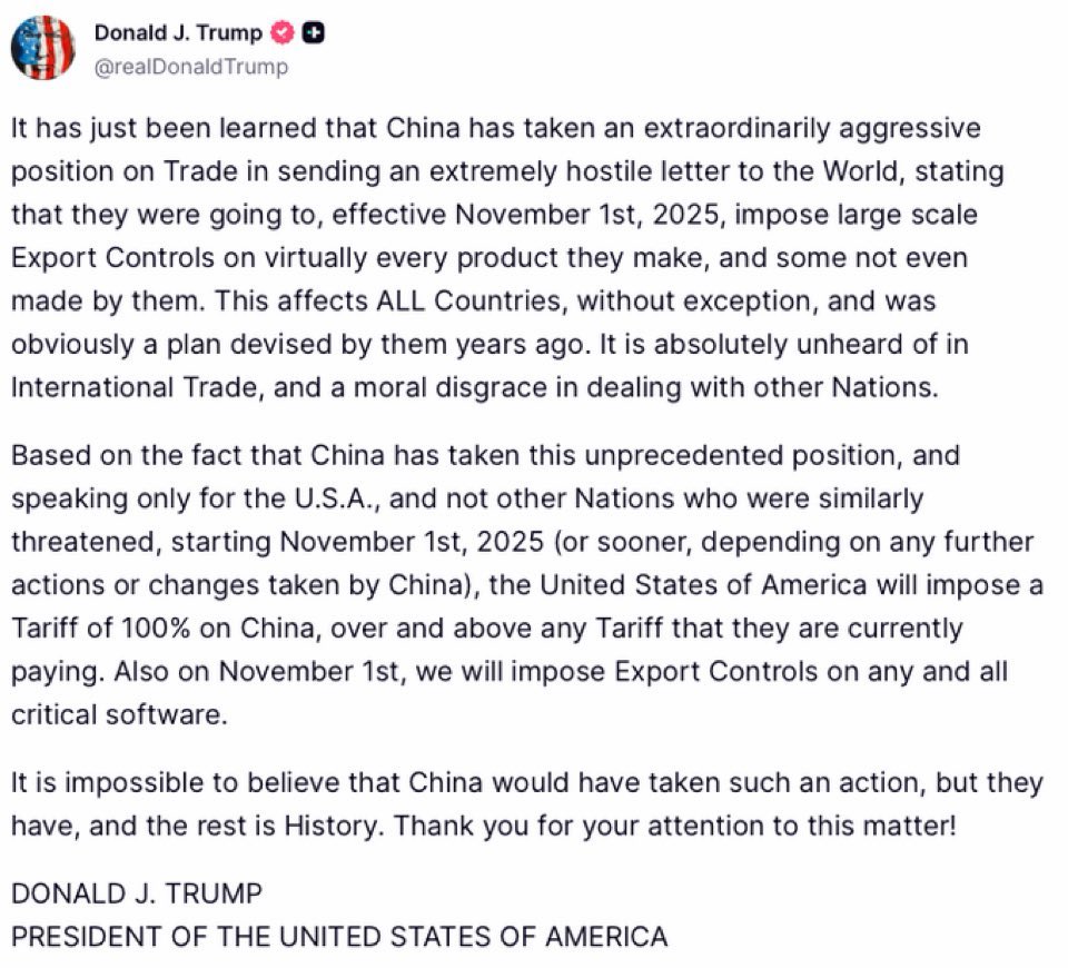 <a href="/WatcherGuru/">Watcher.Guru</a> For context. The 100% tariff is in response to China’s announced global export controls. 

Time to see what BRICS is made of.