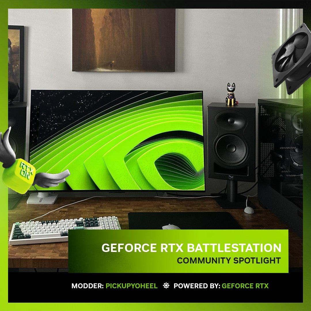 NVIDIAGeForce's tweet photo. 🖥️ GeForce Day - Build Spotlight 

Pickupyoheel's build from r/battlestations is glowing green 🟢

Think your build has what it takes to be featured? Tag us &amp; you may show up here 📸 https://t.co/RzKS9VgVCy