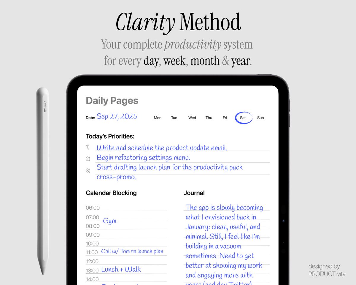 Product_ivity's tweet photo. 💡Weekend is coming. Saturday morning is a great time for reflection.
Start with Clarity Method for free and enjoy some weekend clarity. Link in bio.
#Productivity #DigitalPlanner #Planner #TimeBlocking #Journaling #Minimal #Notion #Journal #Goodnotes #Notability https://t.co/ey6QQAkcbC