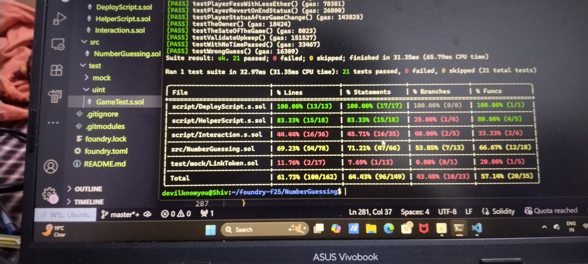 Satyam561562154's tweet image. 🚀 Day 8 of #100DaysOfBlockchain
Today I:
🧠 Learned about the internal working of ynamic arrays and how memory management works behind the scene
🧩Continued testing my Number Guessing Game — increased test coverage from 42% → 69.23%!
Bit by bit, mastering both logic &amp;amp; depth 💪