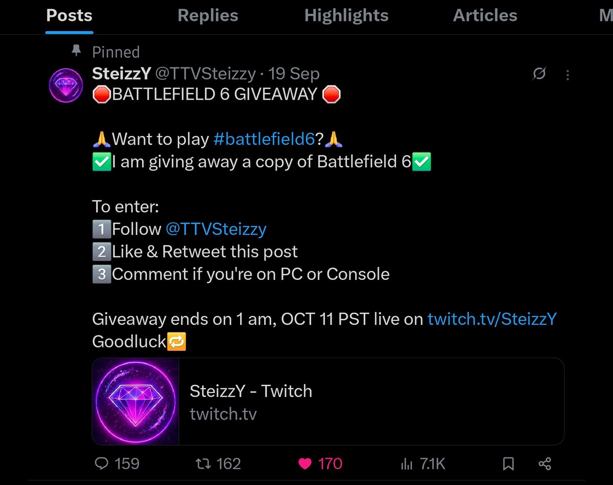 🟣🛑LAST CHANCE🛑🟣 
🔥Battlefield 6 Giveaway ends less than 12 hours live on my twitch.🔥
✅Check my pinned post on my profile to enter!!!✅
Twitch.tv/steizzy