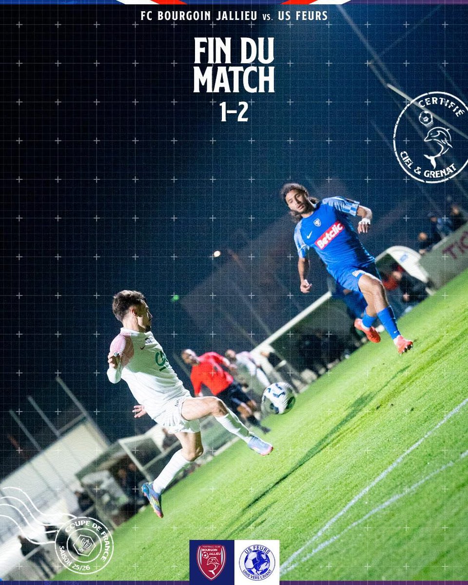 ❌ Fin de l’aventure en Coupe de France

🐬 Au terme d’une rencontre qui s’est déroulée sur un faux rythme nos Ciel &amp; Grenat enregistrent leur 1er revers de la saison et voient leur parcours en Coupe  prendre fin.

😤 Désormais focus sur le championnat !

FCBJ 1-2 US Feurs