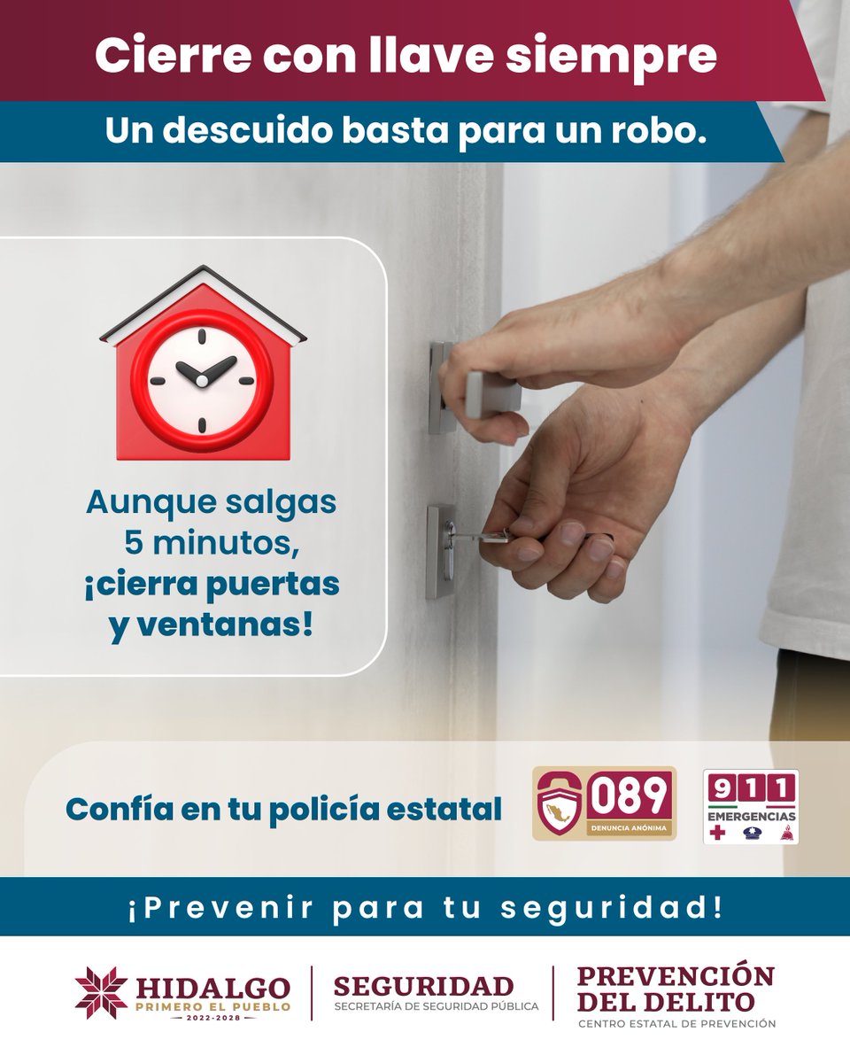 CronicaHidalgo's tweet image. El robo no avisa, pero tú puedes anticiparte.
Empieza con acciones simples: cierra, revisa, reporta.
Ante cualquier sospecha marca al 911 de Emergencias y 089 de Denuncia Anónima.
#PrevenirParaTuSeguridad