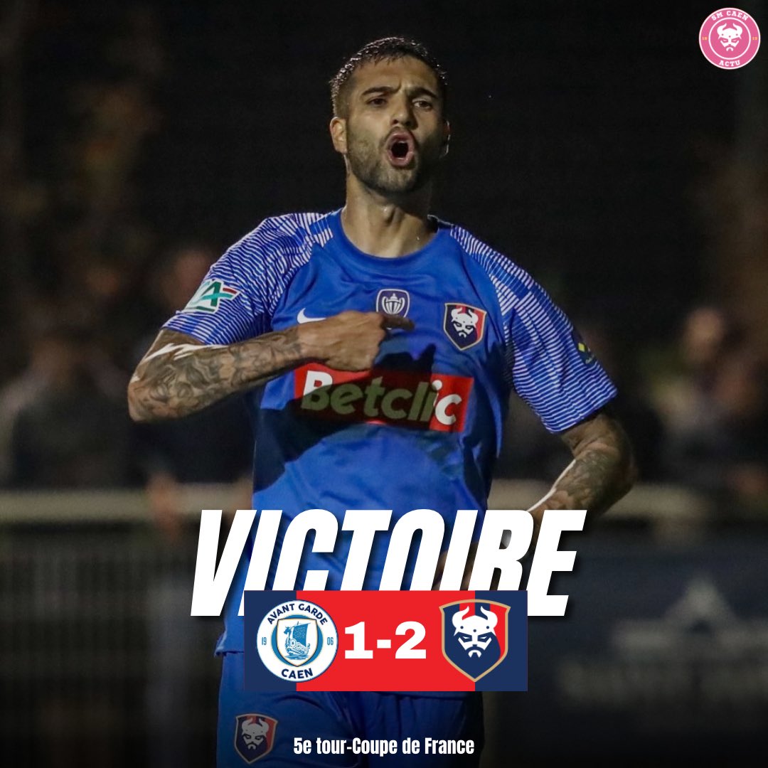 smcaenactu's tweet photo. VICTOIIIRE ✅
Le SM Caen s’impose (1-2) difficilement contre l’AG Caen (R1) grâce à un but de Vinicius Gomes dans le temps additionnel. Les Caennais sont donc qualifiés pour le 6e tour de la Coupe de France. 👊
⚽️ Armand Gnanduillet 15’
⚽️ Vinicius Gomes 98+8’
📸 @SMCaen
#TeamSMC | #AGCSMC