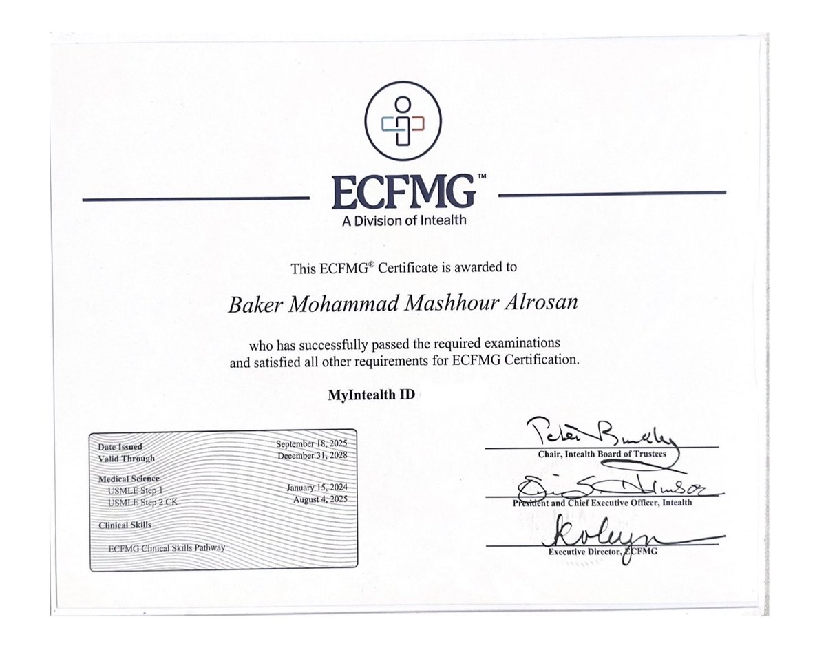 baker_alrosan's tweet image. What it means. Years of sacrifice, growth and consistency.
Behind it, God, my family, friends.

Step1✅
Step2✅
OET✅
ECFMG certified ✅
USCE✅

#Match2026 #ERAS #ECFMG