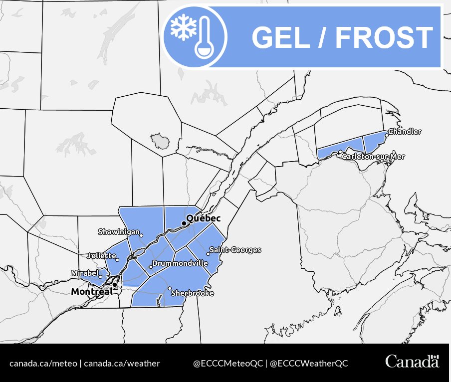 ECCCWeatherQC's tweet image. ❄️ Frost advisories are in effect tonight and tomorrow night across parts of Quebec. Check the map to see if your area is affected. For exact timing in your region 👉 ow.ly/jVpR50Xa507
#QCstorm