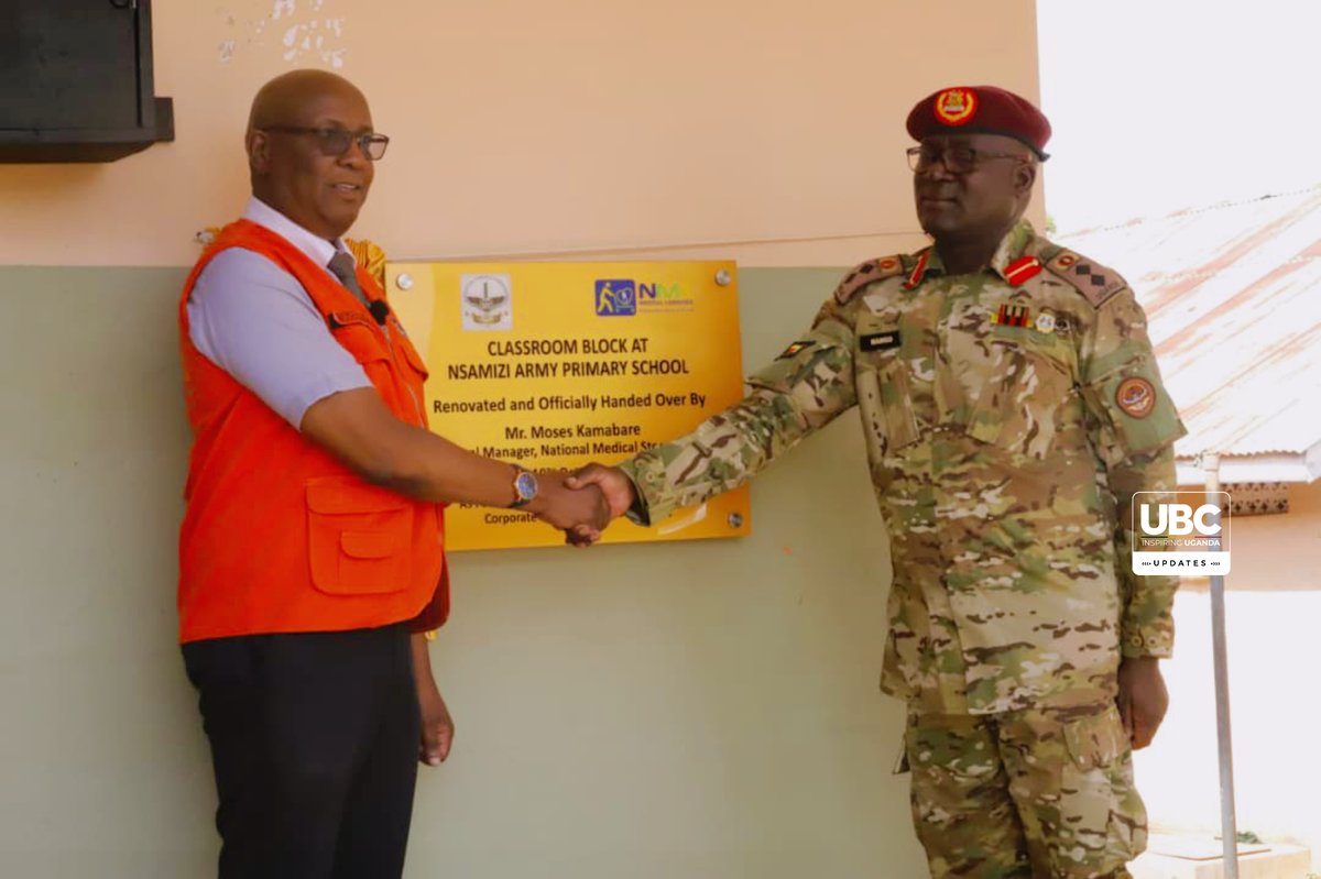 ubctvuganda's tweet photo. UPDATE: NMS GM Moses Kamabare handed over renovated classrooms &amp; a toilet facility at Nsamizi Army P.S to the SFC, to improve on the pupils’ learning environment. Col. Mango Baraza, representing SFC Commander Maj. Gen. David Mugisha, applauded NMS for supporting quality education https://t.co/jMaMGNG2Il