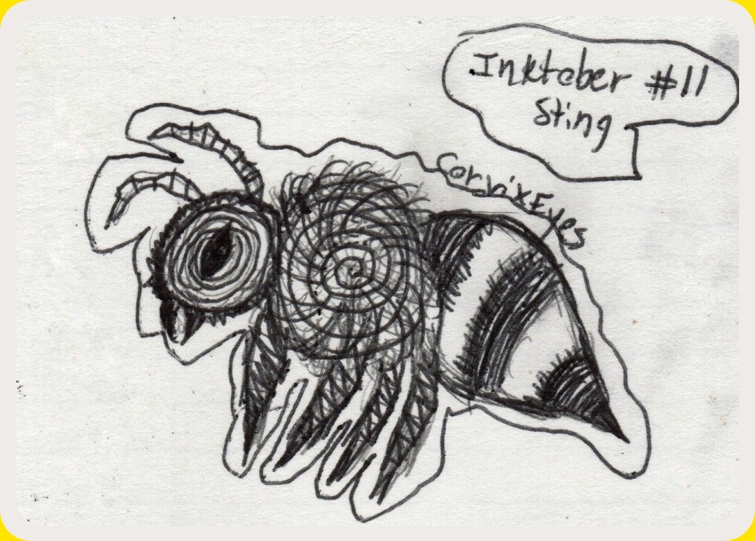 CorvixEyes's tweet photo. Inktober Day #11 Sting
Medium: Ballpoint pen.
Just like last week, I had to draw this one day early.
#traditionalart #illustration #drawing #handdrawn #insect #inktoberday11 #sting #day11 #adayearly #bee #inktober2025 https://t.co/BqUNFjt0J8