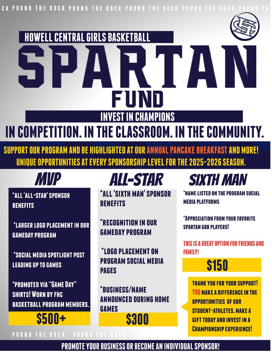 💙 Support Your Spartans! 💙

FHC Girls Basketball strive to shine on the court, in the classroom &amp; in the community. 🏀✨

Check out our Spartan Fund—3 levels of sponsorship, including ties to our Annual Pancake Breakfast! 🥞

Info 👉 Robin Taylor | guygwt@charter.net

 #PTR⚒