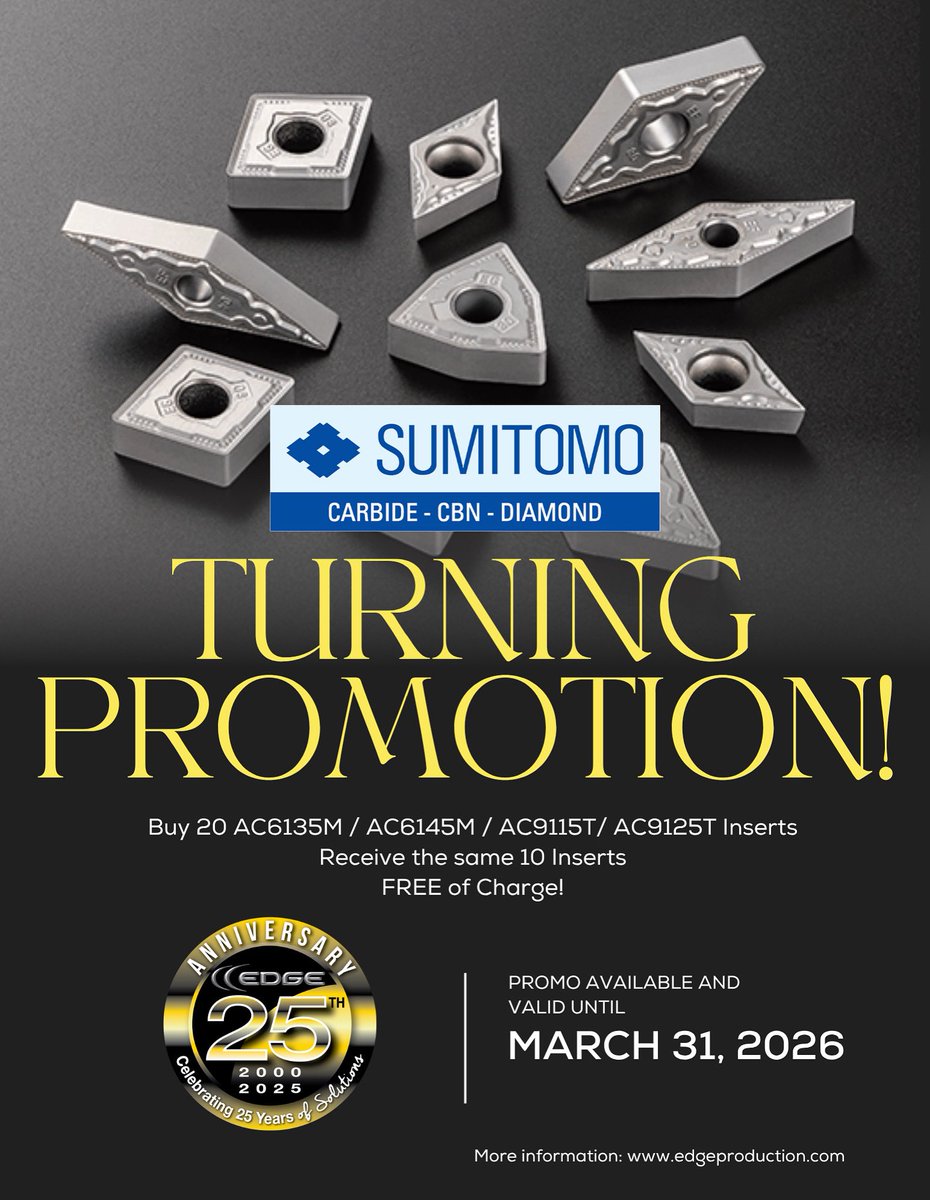 The newest turning promo from <a href="/SumiCarbide/">Sumitomo Electric Carbide, Inc.</a> is valid through March 2026! Save on turning inserts when you buy 10 of the same line. Contact Edge today!

#EdgeProductionSupplies #TotalMachiningSolutions #sumitomo #turning #industrialsupplies #YEG #WesternCanada #OilandGas