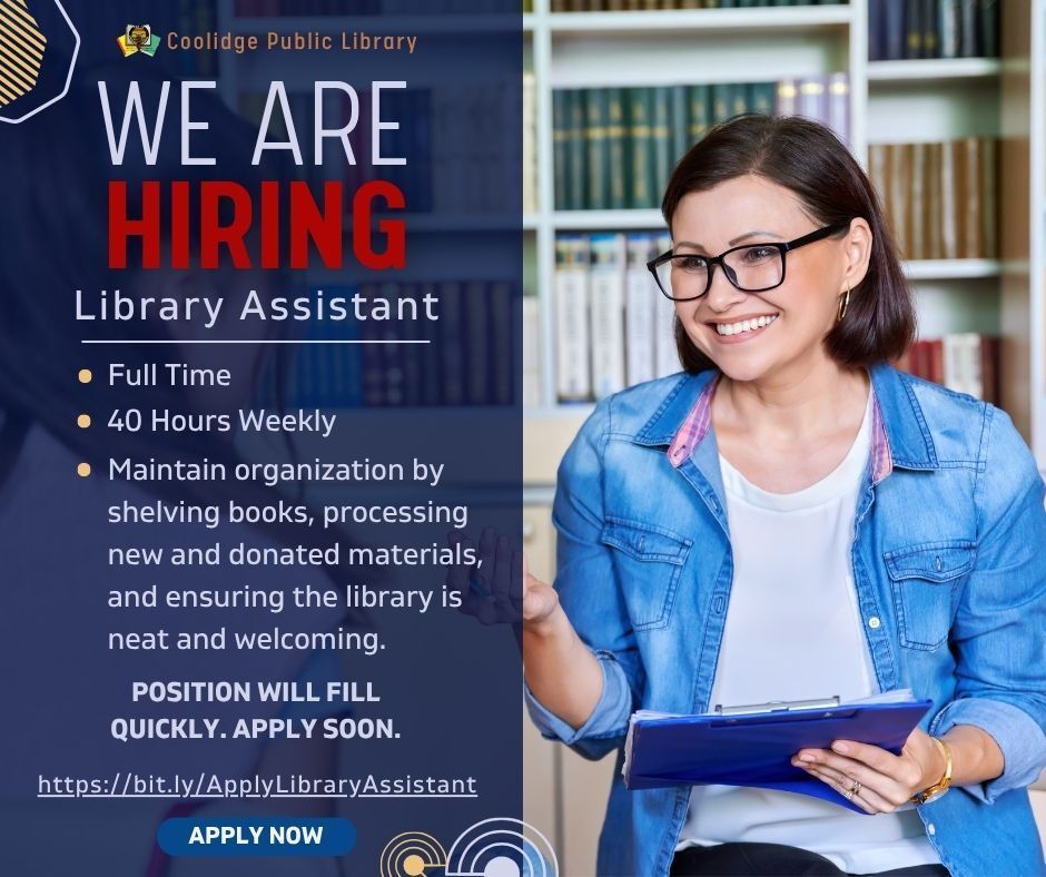 Join Our Team of Community Builders! The Coolidge Public Library is hiring a Library Assistant to help us provide excellent service to our patrons every day. 

Apply now: bit.ly/ApplyLibraryAs…
